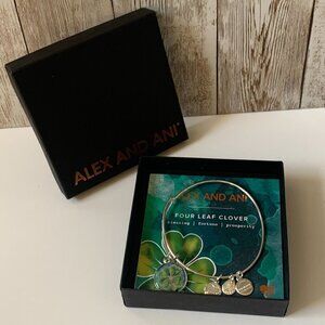 Alex and Ani Charm Four Leaf Clover Bracelet Silver Finish Green 2"- 3.5" NIB